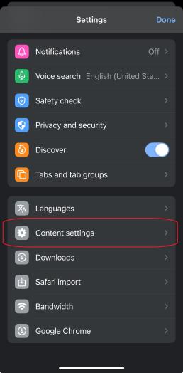 Chrome on iPhone content settings option