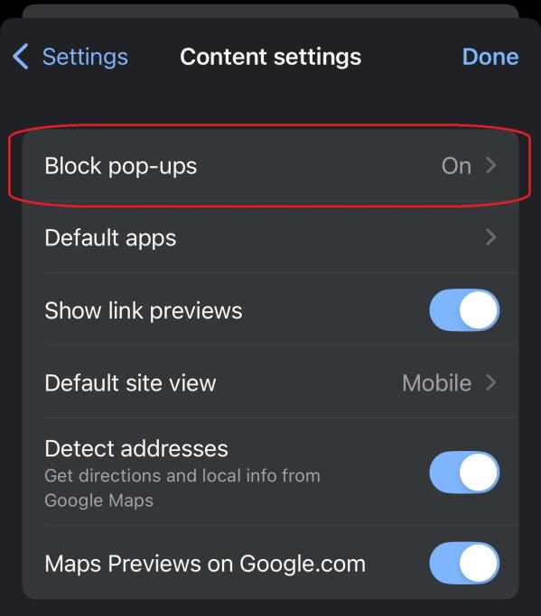 Chrome on iPhone Block popups toggle